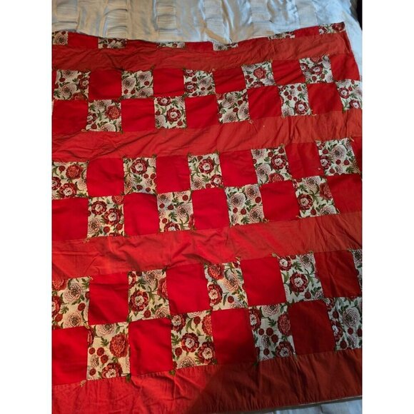 Vintage Handmade Red Cottagecore Patchwork Floral Quilted Throw Blanket - Picture 2 of 13
